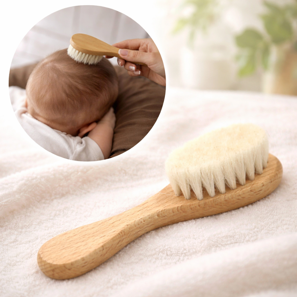 Baby-Haarbürste aus Wolle & Holz – sanft zur Kopfhaut & ideal für Neugeborene